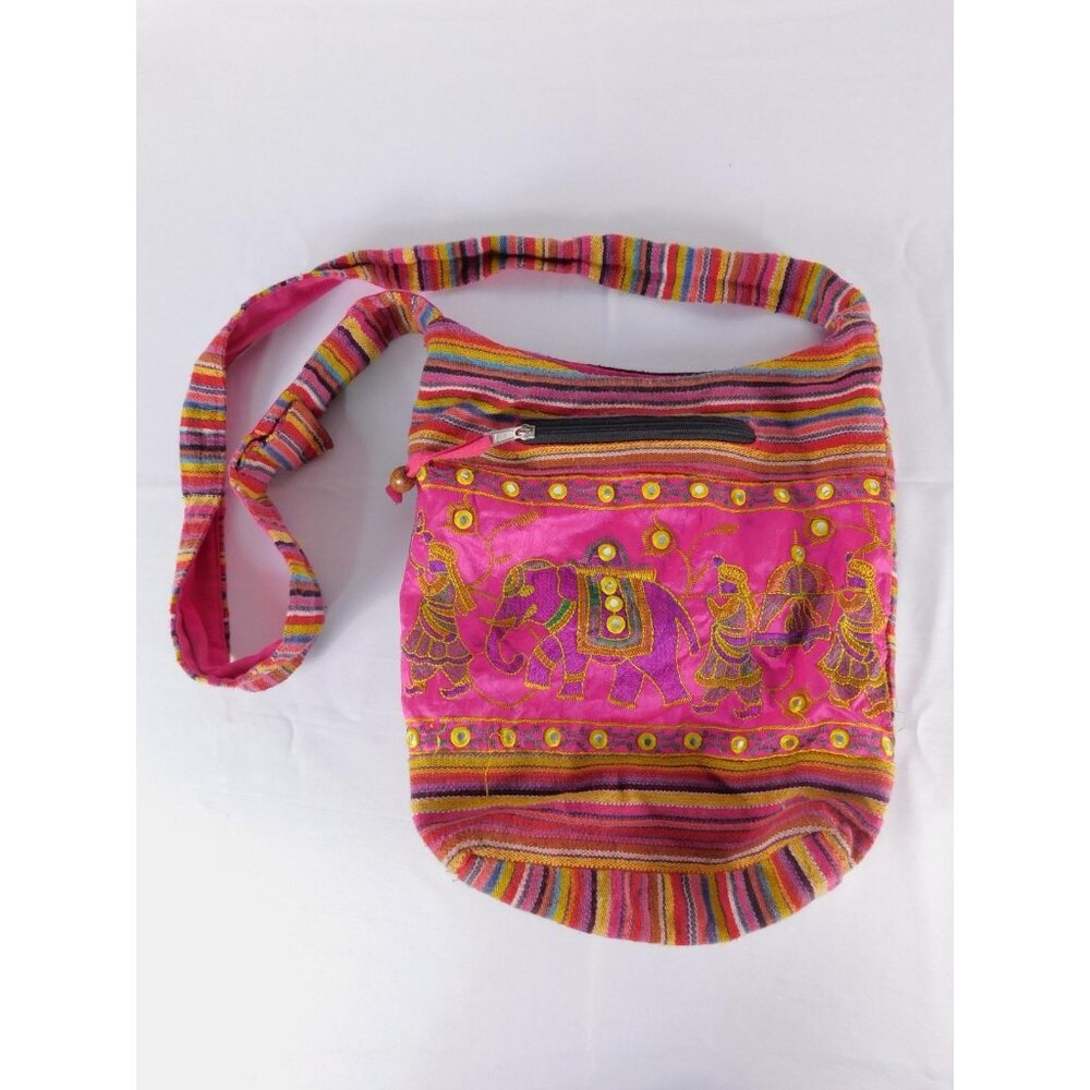 Tribe Azure Crossbody Bag Womens Medium Pink Striped Elephant Embroidered Boho